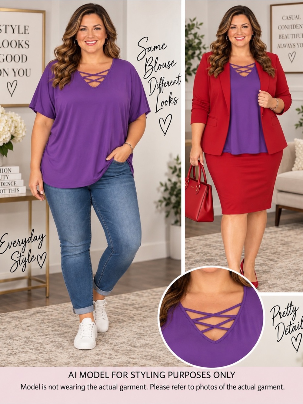 Purple Crisscross V Neck Blouse 3X Super Soft Stretch Plus Size Top